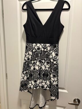 Haute Monde Black & White V-Neck High-Low Dress with Damask Skirt